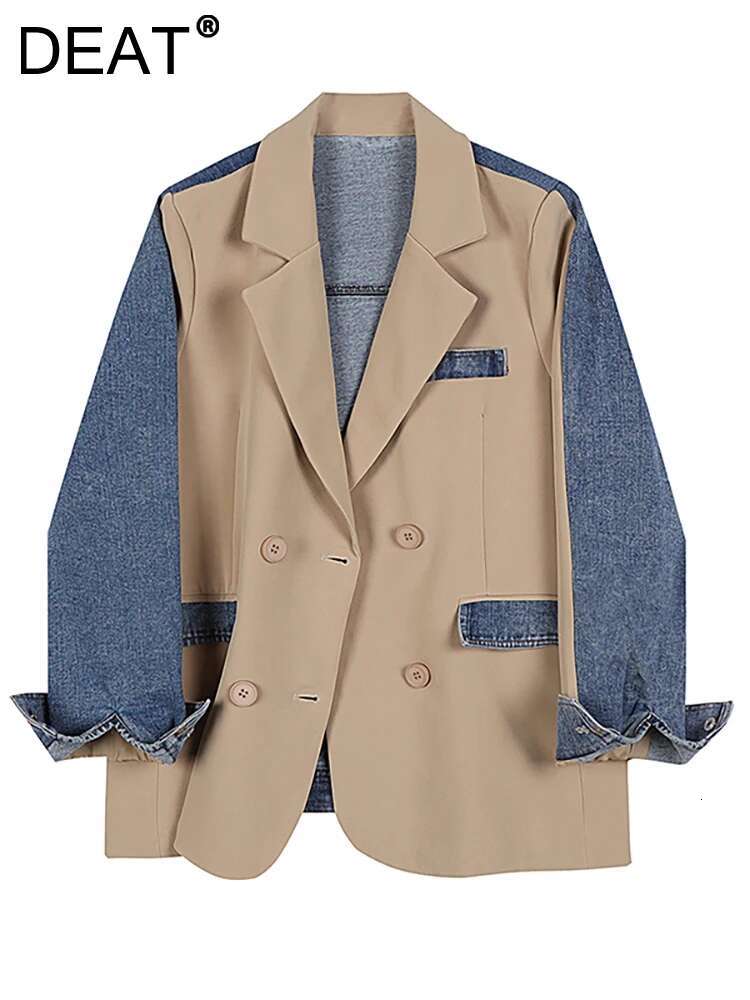 DEAT Women's Blazer Notched Collar Patchwork Denim Khaki Long Sleeve Suit Coat 2025 Spring New Fashion 29L1530