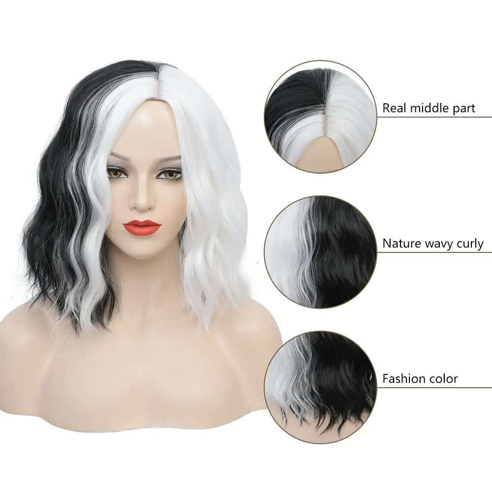 Cruella De Vil Synthetic 14"Short Curly Bob Wavy Wig Body Wave Halloween Cosplay Daily Women Girls Party Wigs (Black And White)