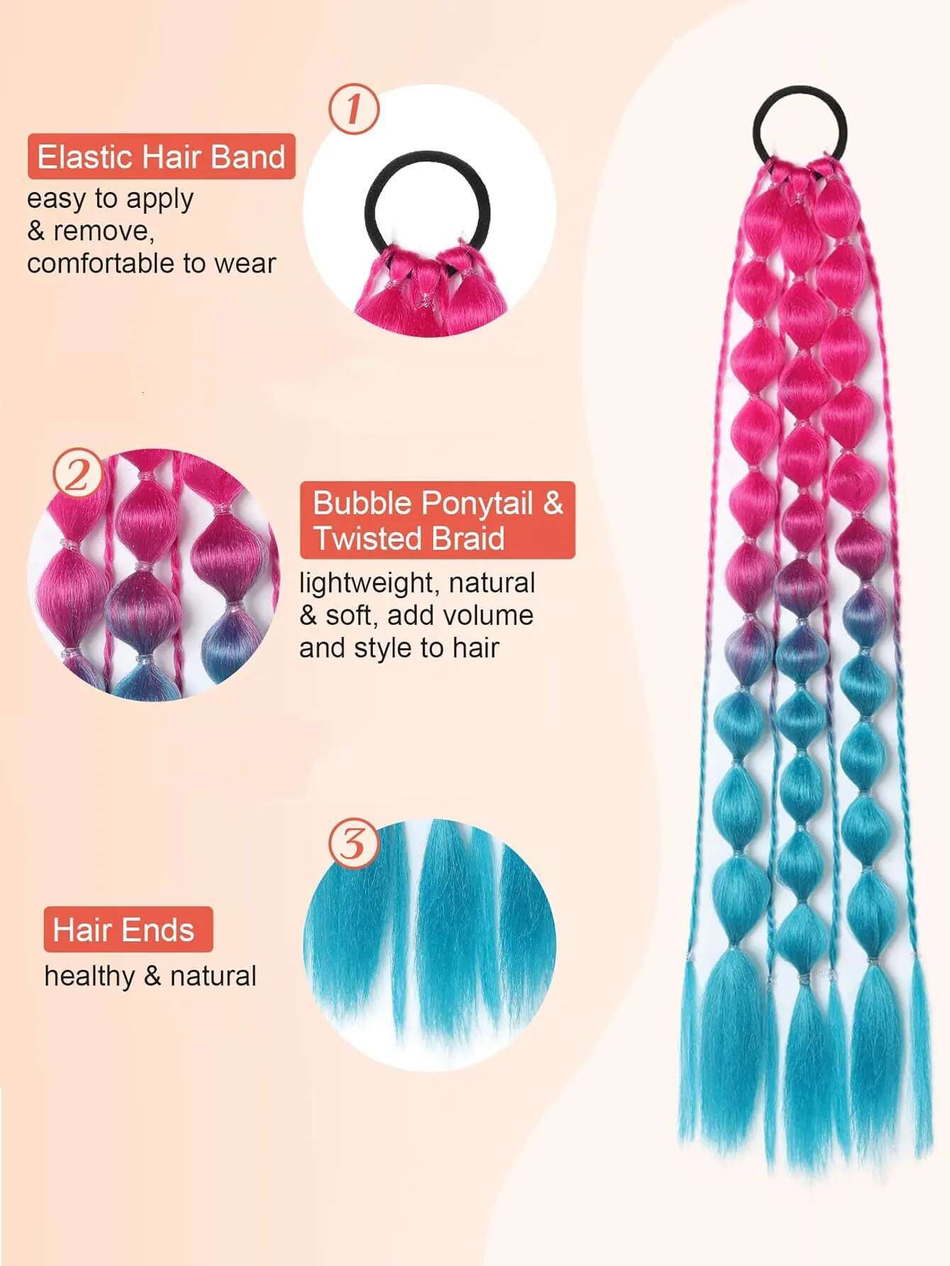Synthetic Extensions 24" Colored Bubble Y2k Ponytail With Hair Tie For EDC Festival Rave Accessories