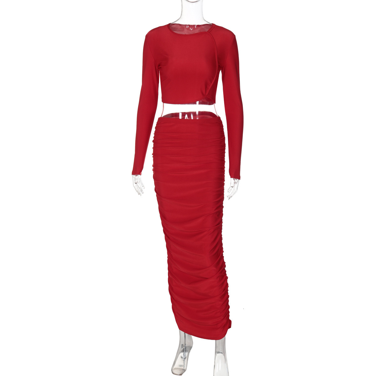 Hot Selling Women's Clothing New4 Autumn New Product Fashionable Crop Exposed Long Sleeved Top Slim Fit Pleated Skirt Set