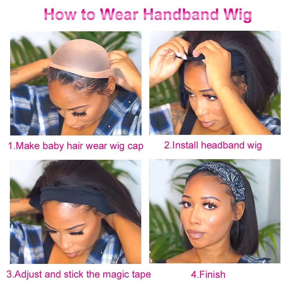 Synthetic Straight For Women Black Short Bob Headband Wig 12Inch Half Wigs Wear And Go