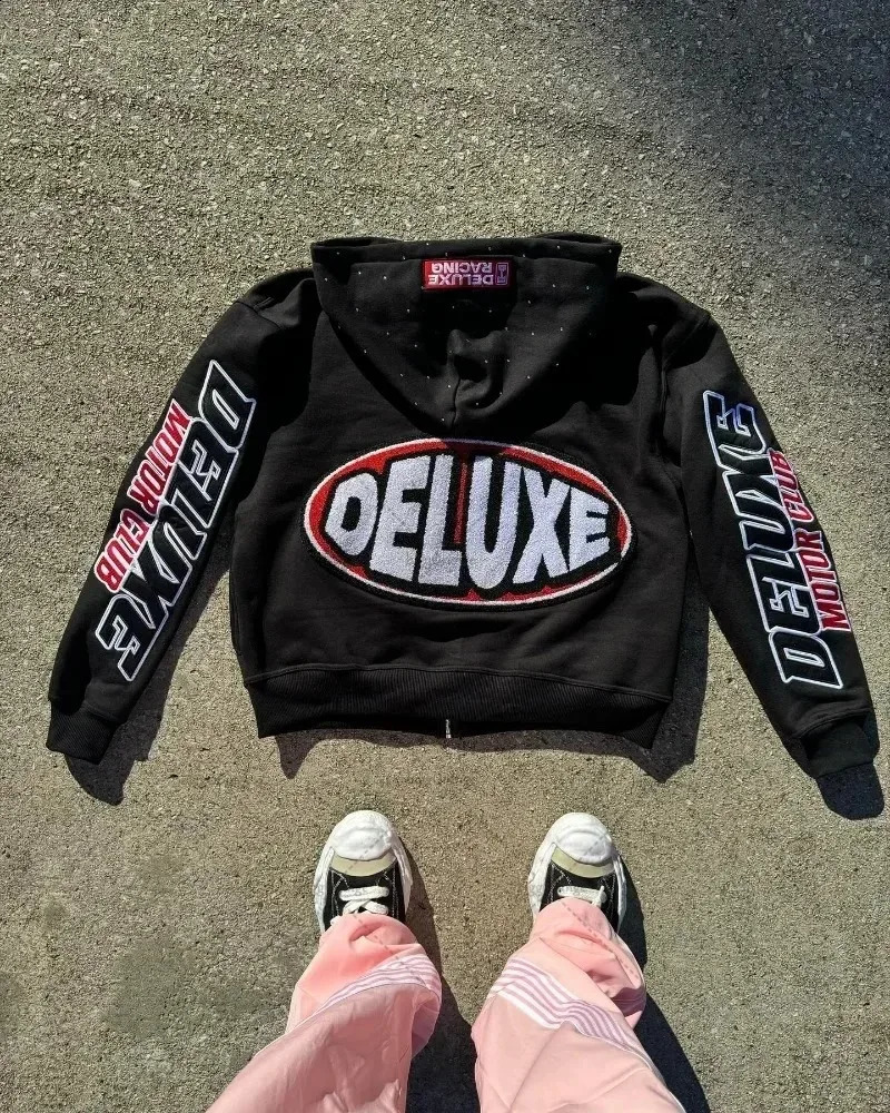 Y2K lazy zipper cardigan versatile couple tops Aesthetic fashion letter graphic print oversized zip per hoodies for women 250225