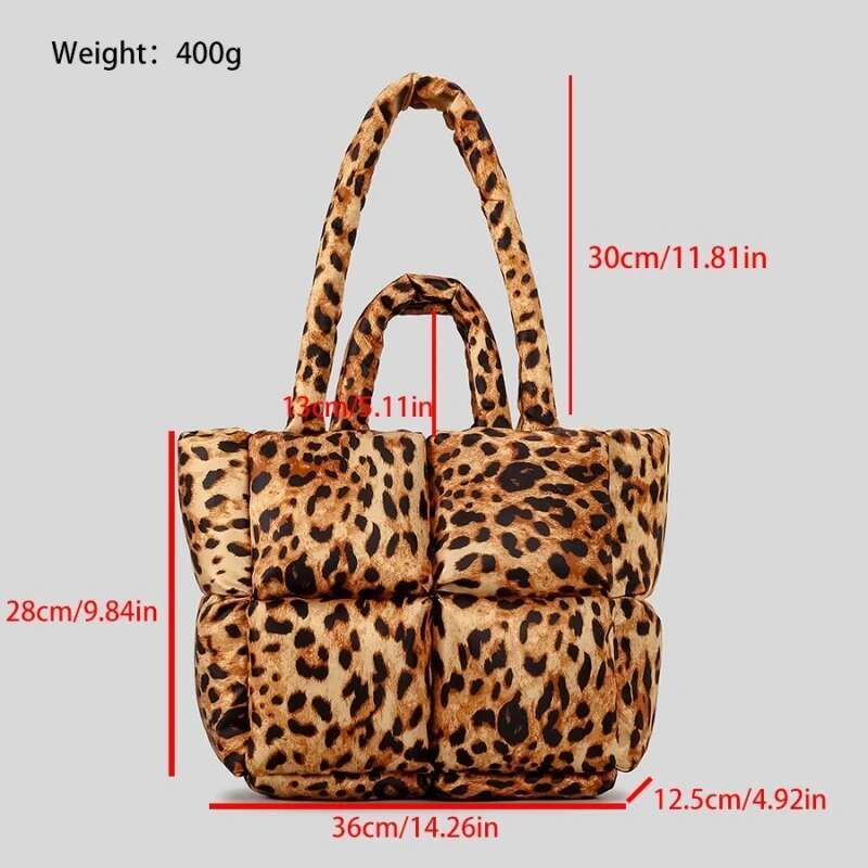 Women Leopard Design Puffy Handbag Large Capacity Quilted Space Down Feather Padded Cotton Tote Bag Winter Warm Shopping Purse