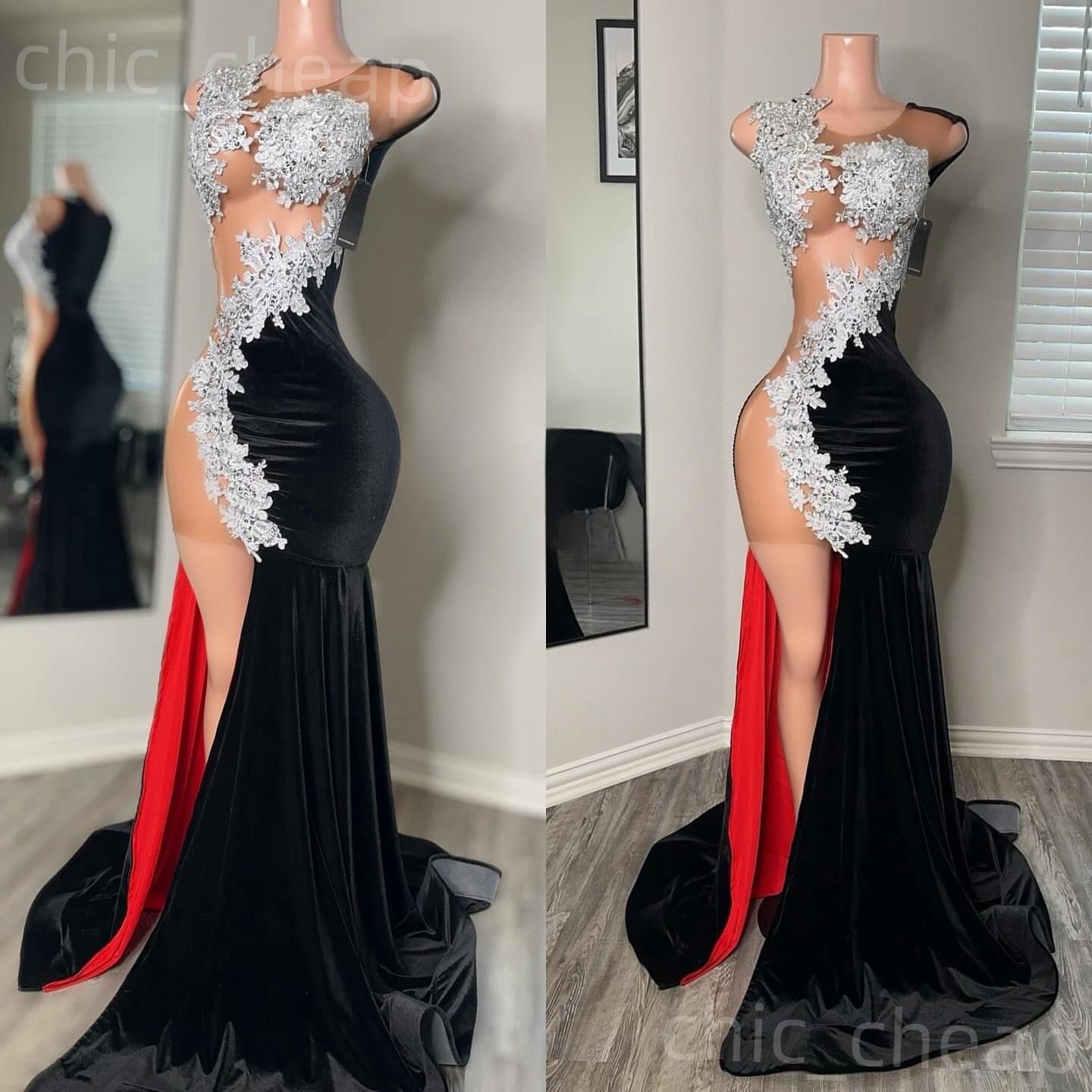 Black Mermaid Prom Dresses 2025 Lace Sheer Neck Velvet High Split Evening Formal Party Second Birthday Engagement Gowns Plus Size Dress For Special Oc