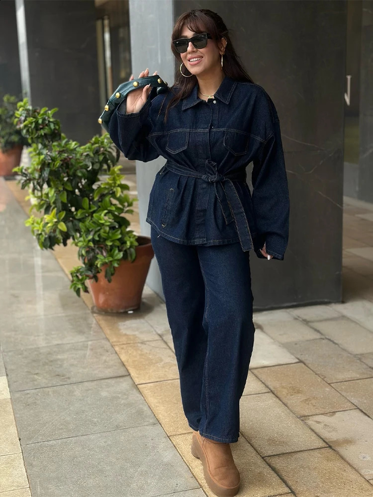 Vintage Women Denim Pants Set Laple Single Breasted Long Sleeve Belt Jackets Wide Leg Jeans Female Suit Chic Lady Outfits 250225