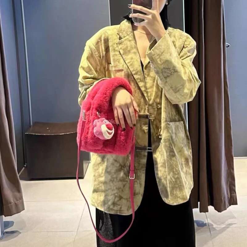 Fashion Faux Fur Small Tote Bags For Women Designer Handbag And Purse New In Letter Cartoon Bear Top Handle Shoulder