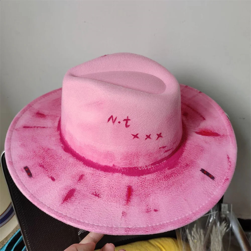 Pink painted hat retro suede fedora hat men and women fedora hat style party hat outdoor fashion travel hat DIY hat 250228