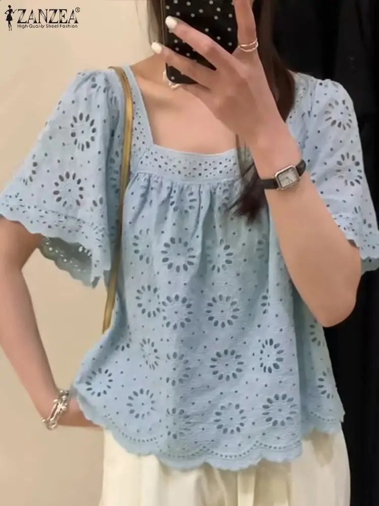 Fashion Lace Crochet Blouse Summer Women Tops ZANZEA Elegant Square Neck Short Sleeve Casual Work Shirt Bohemian Holiday Blouses 250228