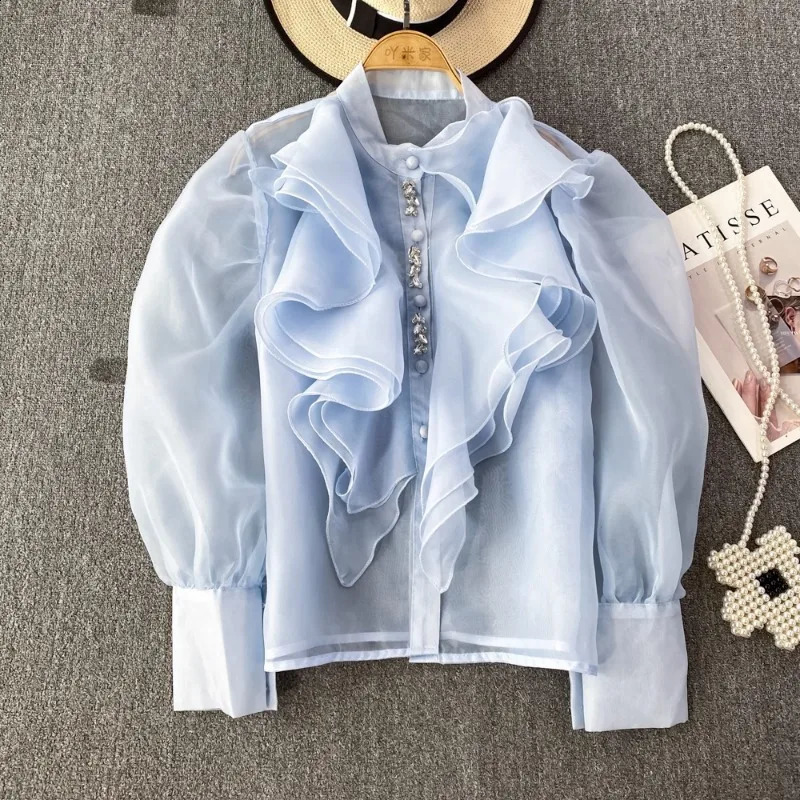 Chic Womens Tops And Blouses Organza Ruffles Blouse For Women Beading Mesh Sheer Blouse Feminina Elegant Korean Fashion Dropship 250228