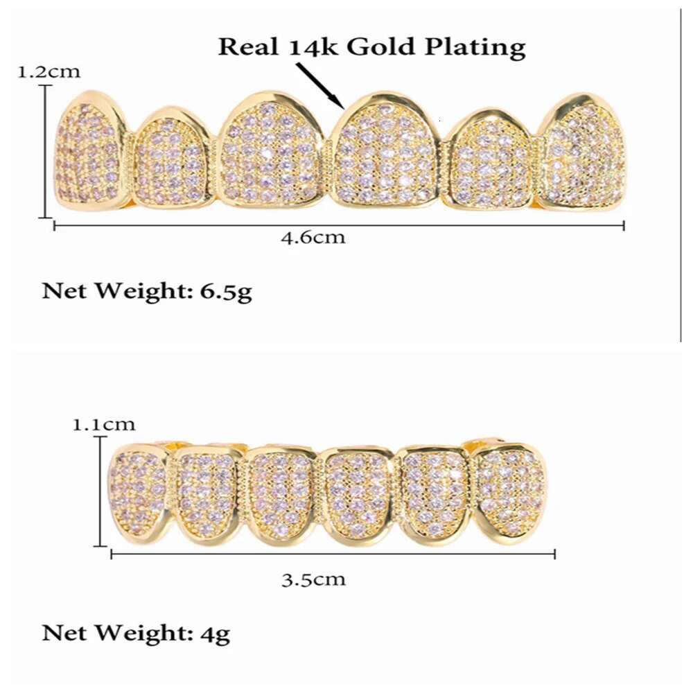 HipHop Iced Out Teeth Grillz Set For Men Women Bg Cubic Zircon Paved Top & Bottom Grills Tooth Caps Gold Plated Party Jewelry