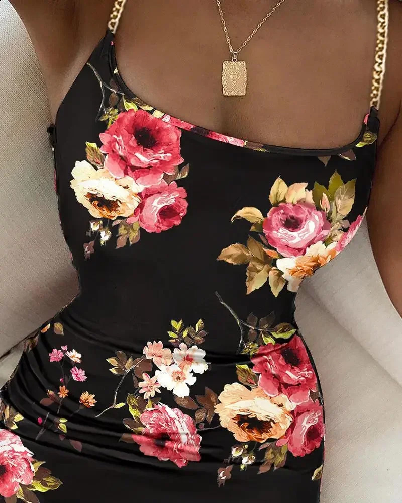 Summer Women Floral Print Dress Chain Decor Bodycon Elegant Spaghetti Strap Sexy Tight 250227Z