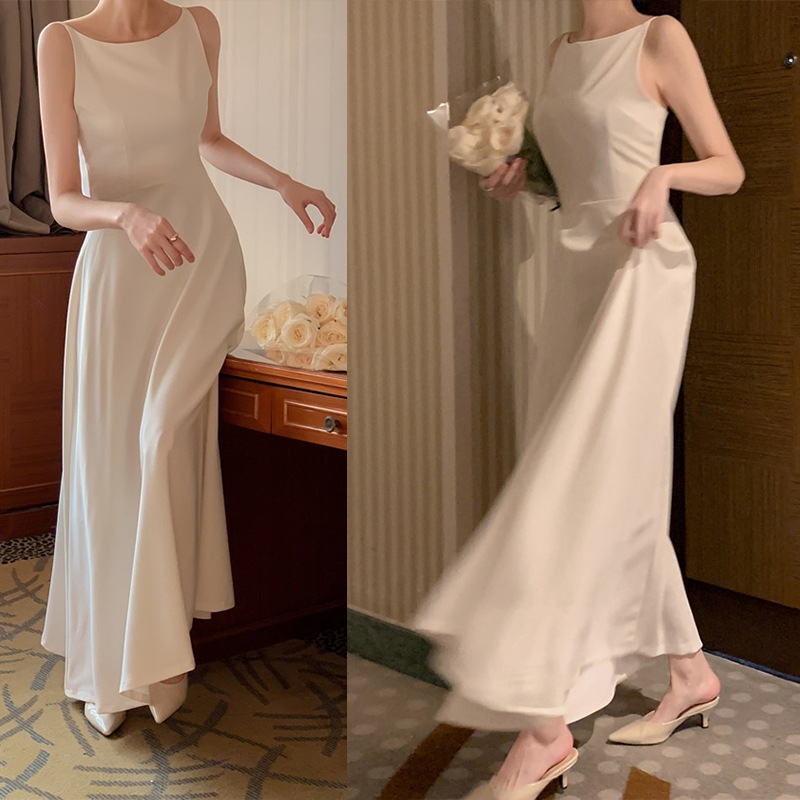 B127 Minimalist Summer Temperament Round Neck Waist Slimming Solid Color Sleeveless Vest Dress Long Skirt