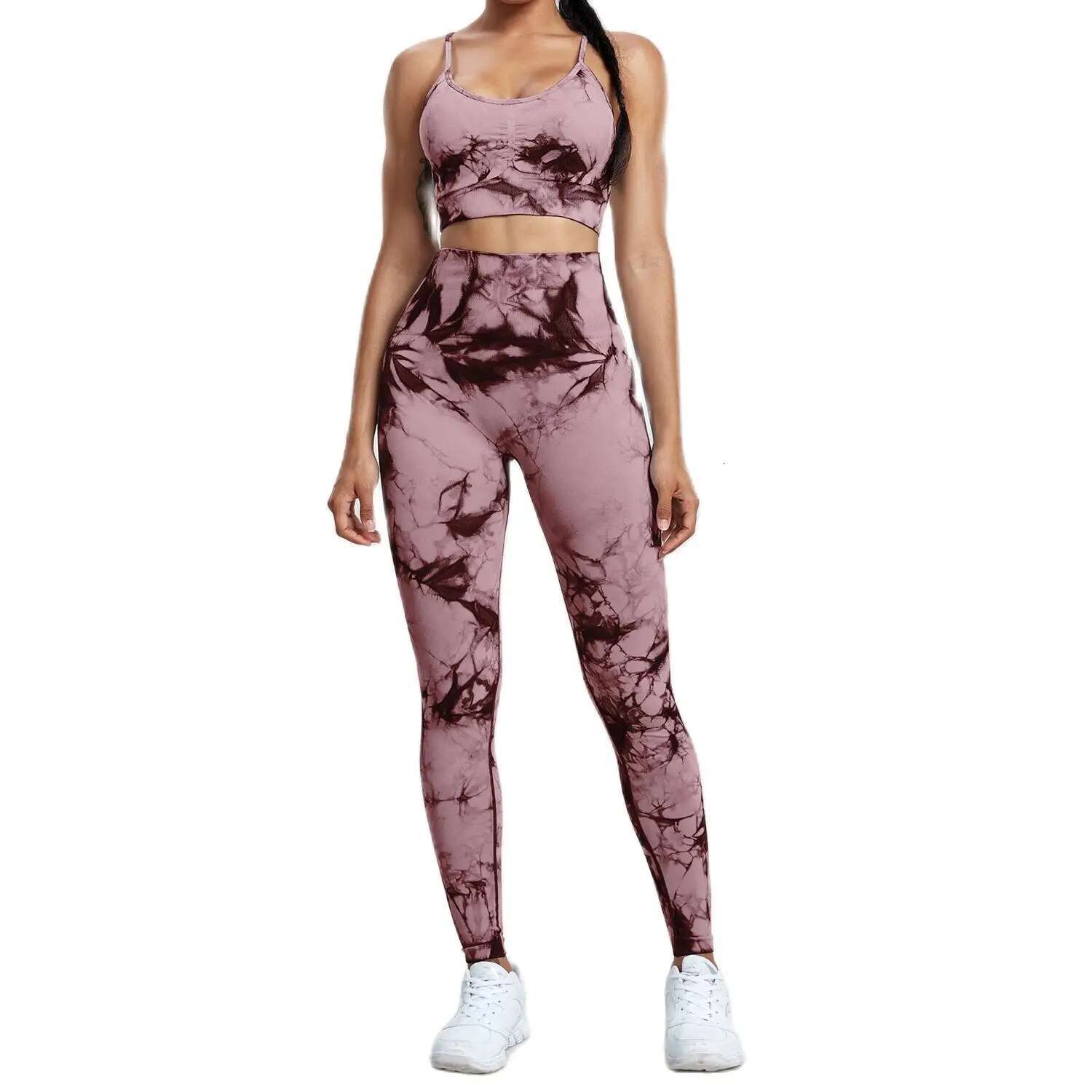 CHRLEISURE Women Tie Dye Yoga Set Seamless Fiess Suit Workout Legging With Running Bra Activewear Female Elastic Gym Wear