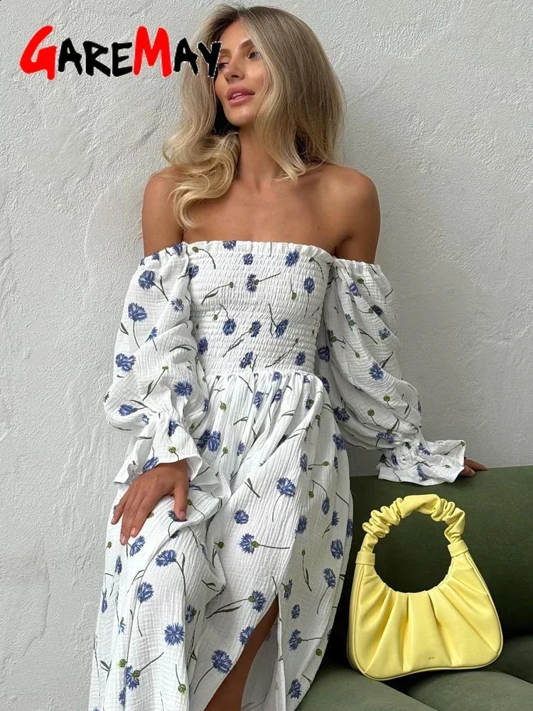 Womens Summer Cotton Dress 100% Elegant Ruffle Midi Floral Print Dress with Side Slits Flower Vintage Muslin Dress for Women 250226
