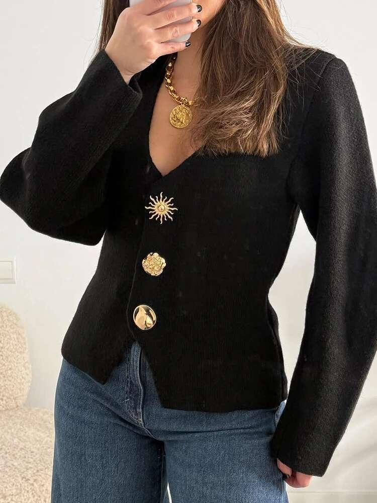 Designer Fashion Women's Black Cardigan Top Knit Slim Metal Button V-Neck Long Sleeve Female Sweater 2025 Spring Lady Thick Soft Knitwear