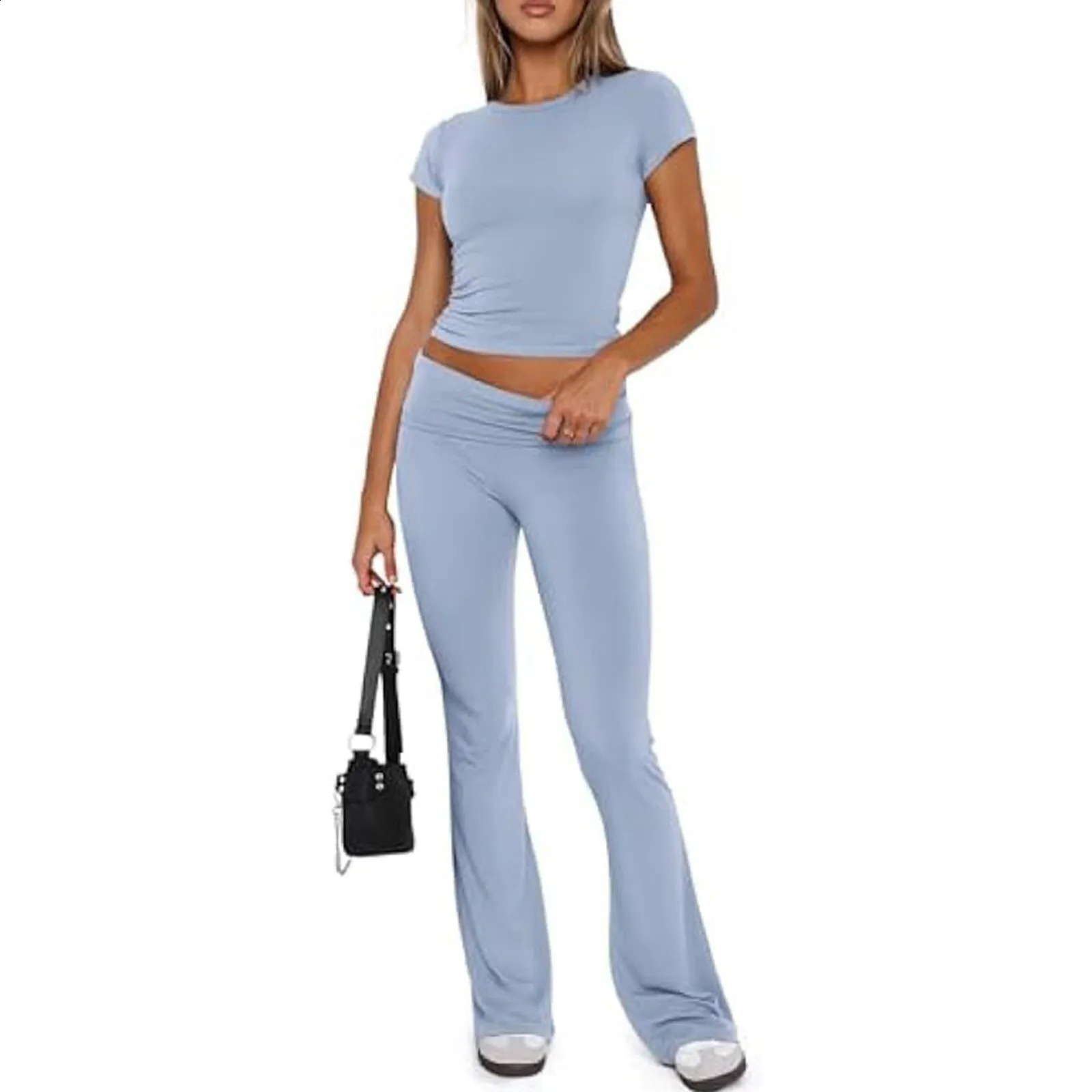 Fashion Womens 2 Piece Lounge Sets Short Sleeve Crop Top Foldover Flare Pants Casual Pajama Outfits Set Female Casual Tops 250225