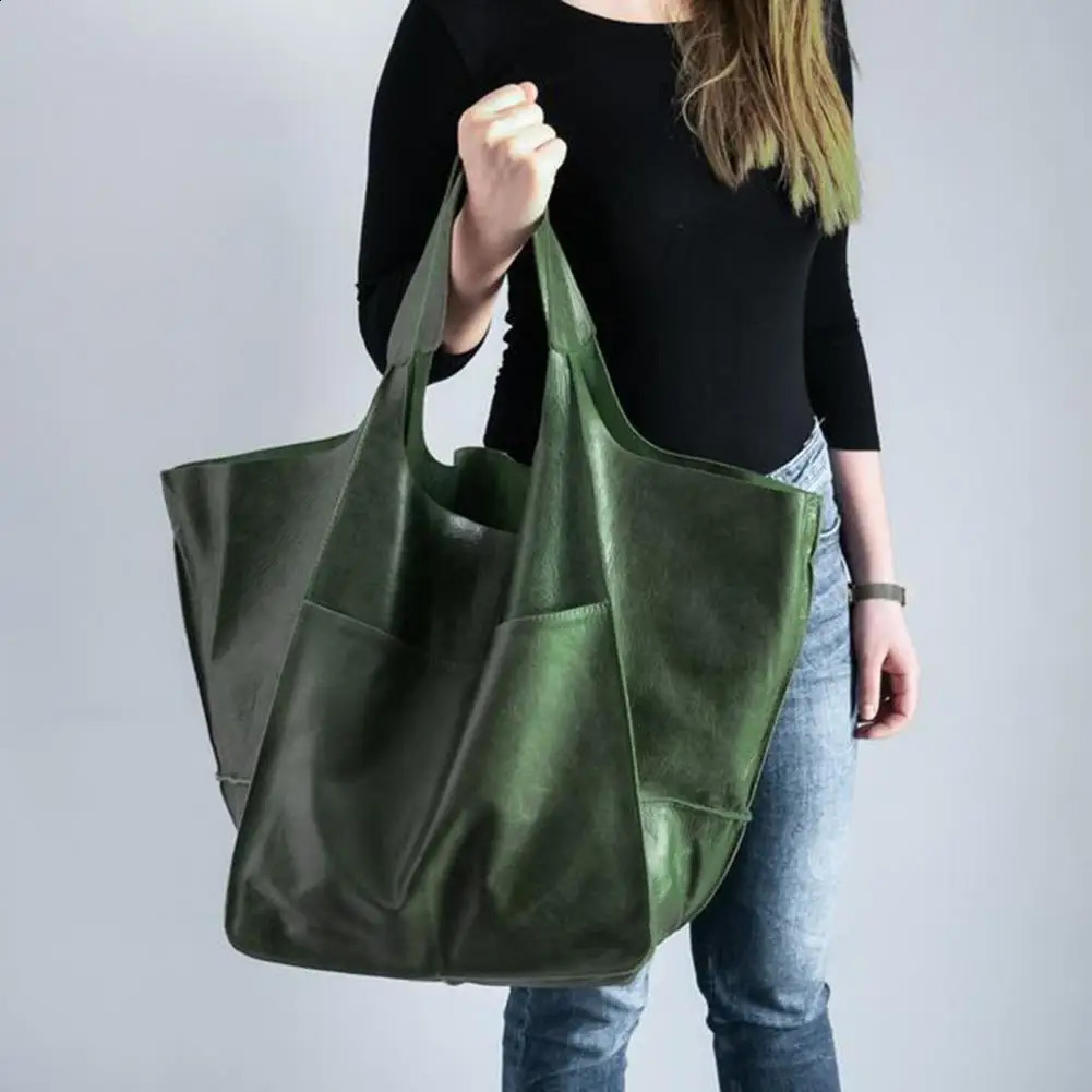 Oversized Tote Bag Solid Color Large Capacity Shoulder Bag Leather Vintage Foldable Tote Vacation Handbag 250305
