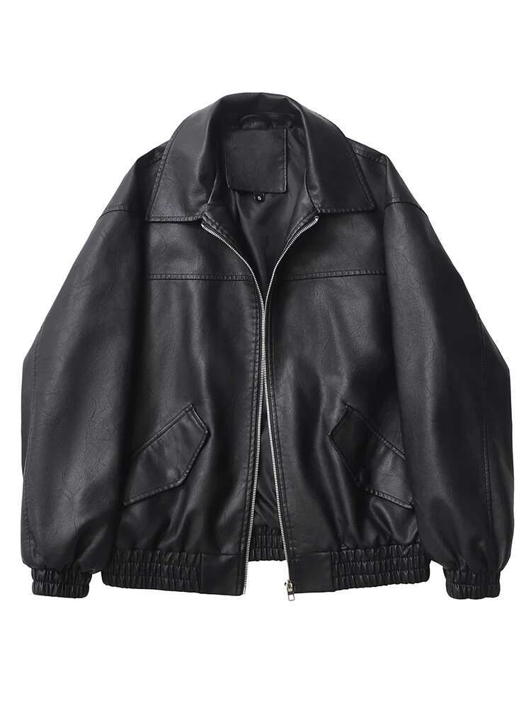 Designer Aigo Streetwear Women Retro Loose Short Pu Faux Leather Jacket Spring Autumn Female Zipper Coat Vintage Moto Biker Outwear