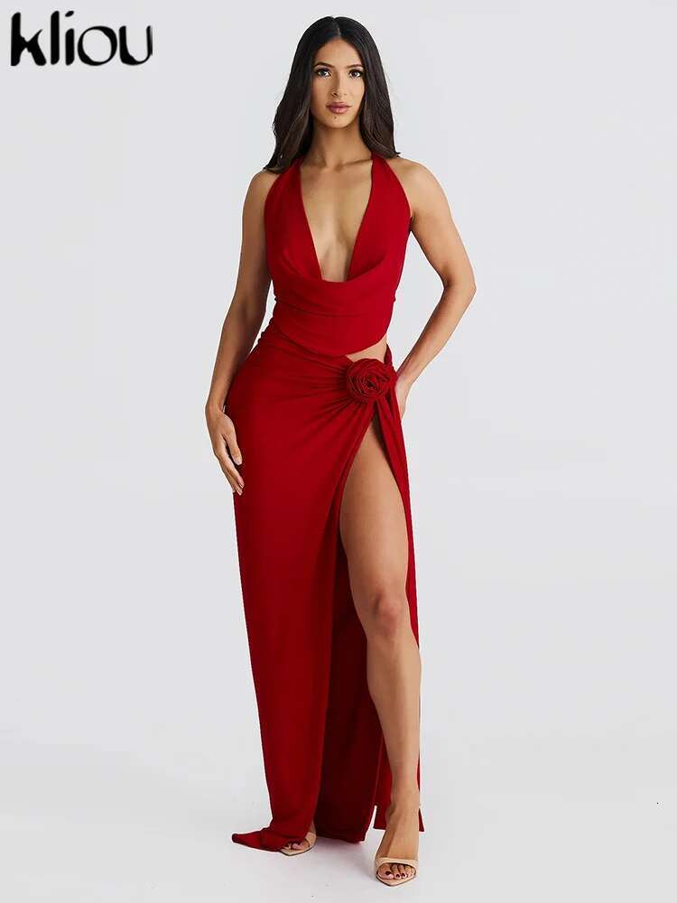 Kliou Sexy Women 2 Piece Set Halter Bandage Irregular Backless Tanks+Appliques Splited Maxi Skirts Mujer Matching Club Outfits