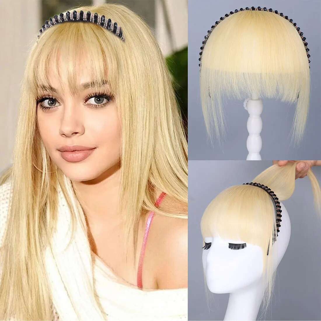 Platinum Blonde Human Toppers Rhie Women Clip In Bangs With Band Straight Hairpiece For Thinning Hair