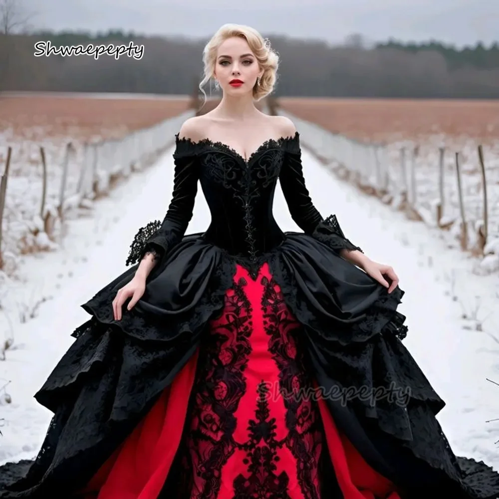2025 Black And Red Gothic Wedding Dresses Off Shoulder Long Sleeves Princess Bridal Gowns Lace Appliques Vintage Victorian Bride Dress Back Corset