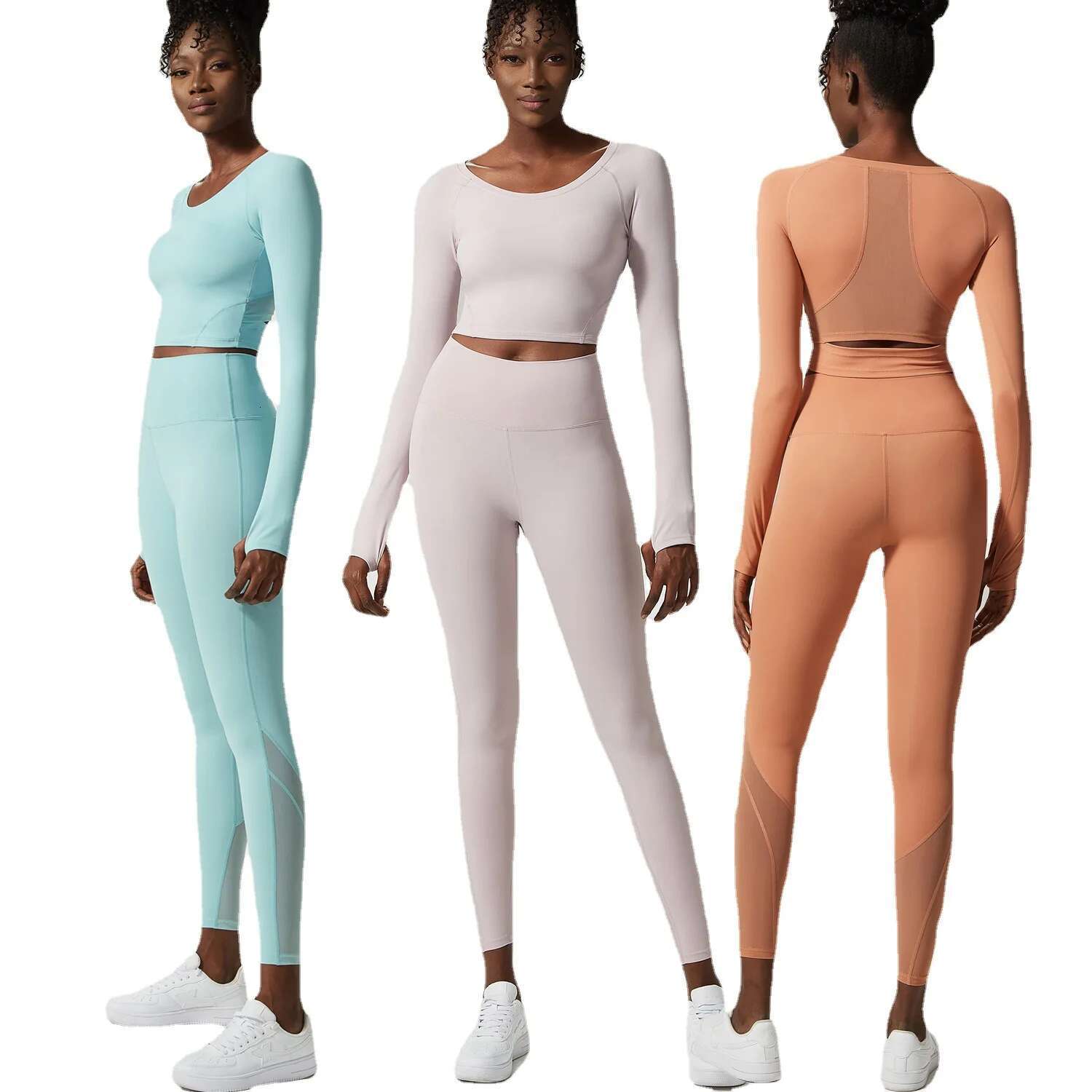 PMW Run Women's Pilates Wear Set Nude Fabric Yoga Padded Long Sleeve Crop Top Legging Pants Fiess Suit