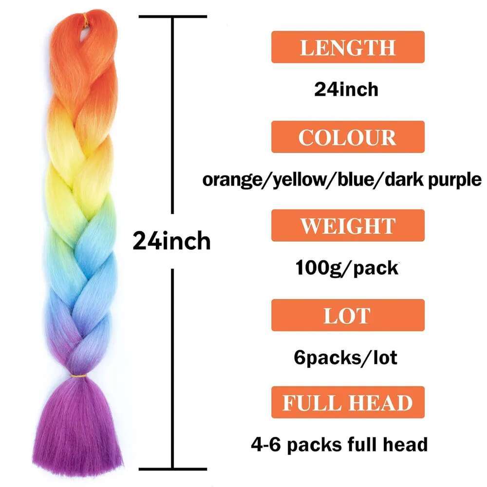 24 Inch Synthetic Ombre Jumbo Braiding For Twist Box Braids Pre Stretched Crochet Rainbow Colorful Hair Extensions