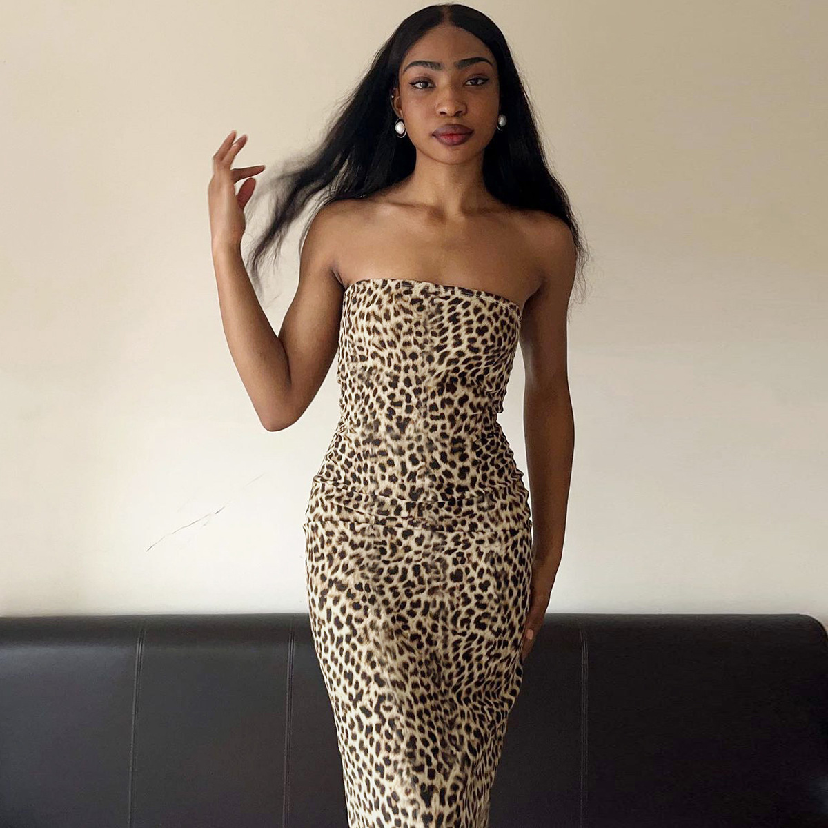 Hot Selling Women's Clothing New4 Autumn And Winter New Product Fashionable Printed Sexy Slit Leopard Print Strapless Dress For Women