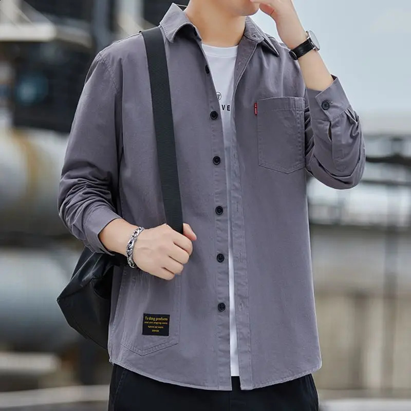 Spring Autumn Solid Color Casual Fashion Loose Shirt Man Long Sleeve Korean Style Blouse All Match Chic Streetwear Male Clothes 250225