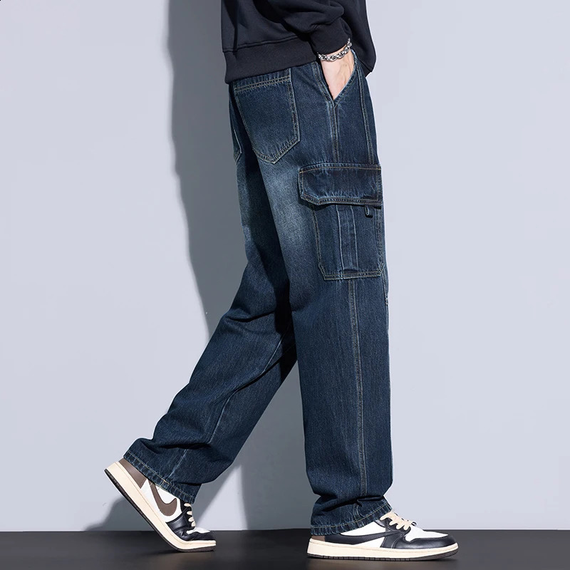 Mens 97% Cotton Straight Cargo Jeans Trendy Multi-pocket Nostalgic Loose Trousers Mens American Vintage Fashion Denim Pants 250226