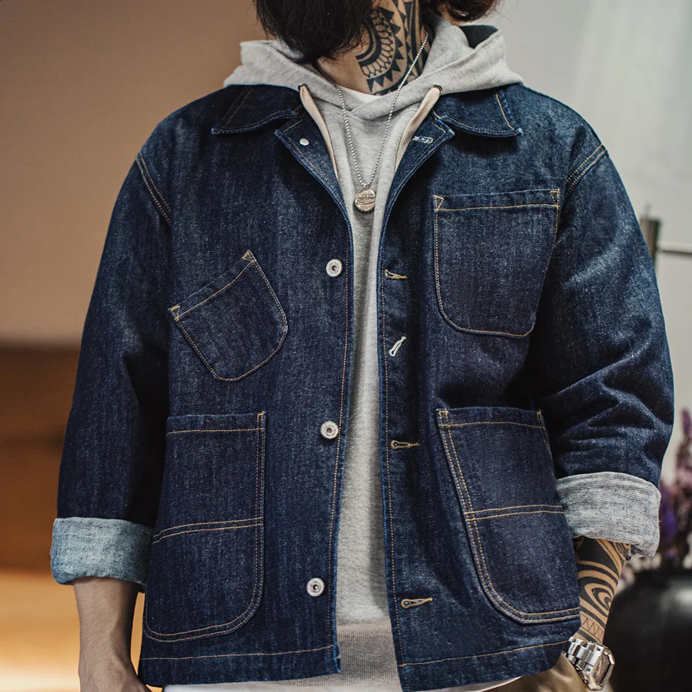 Maden Retro Fourpocket 14oz Lapel Jacket Singlebreasted Denim Navy Blue Cotton Work Coat for Mens Autumn Solid Tops 250225