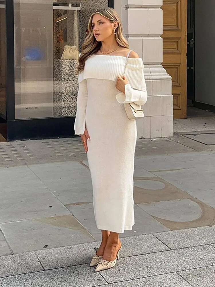 Designer Sexy Slash Neck Off Shoulder Party Midi Dress Women Kint Split Long Sleeve Ribbed Lady Knitwear Hip Package Black White Robe
