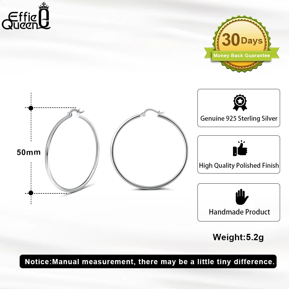 Effie Queen 925 Sterling Silver Hoop Earrings Size 30mm 40mm 50mm Big Circle Minimalism Style Accessory for Ear APE34 250228
