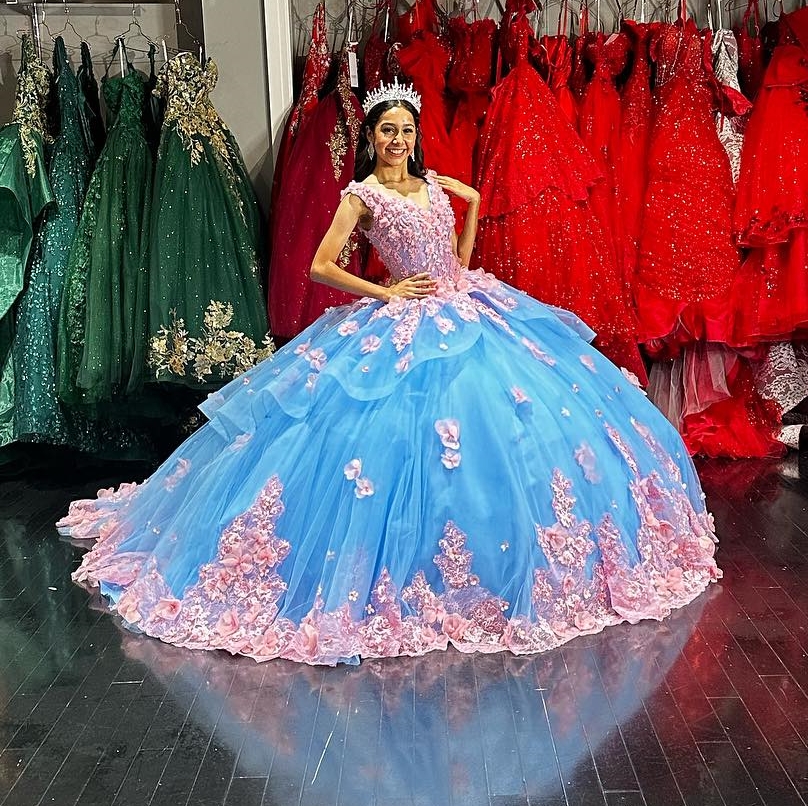 Blue And Pink Princess Quinceanera Dresses With 3D Floral Appliques Straps Sleeveless Long Tulle Flowers Sweet 16 Dress Boutique Party Ball Gown