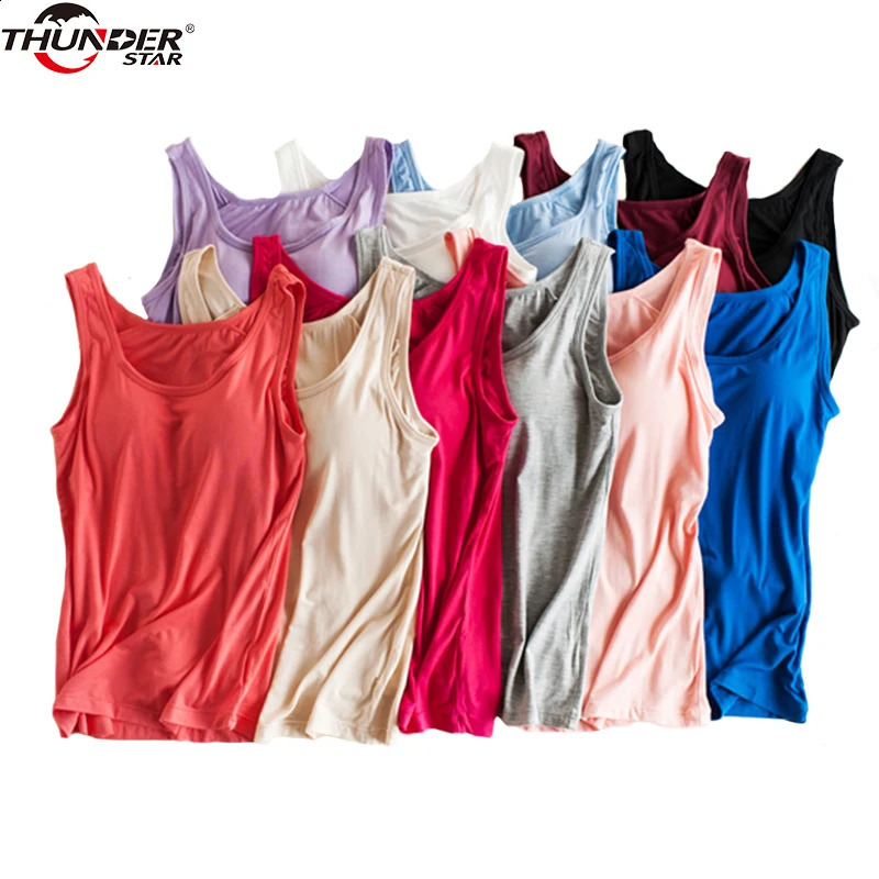 Women Built In Bra Padded Tank Top Female Modal Breathable Fitness Camisole Tops Solid Push Up Bra Vest Blusas Femininas 250224