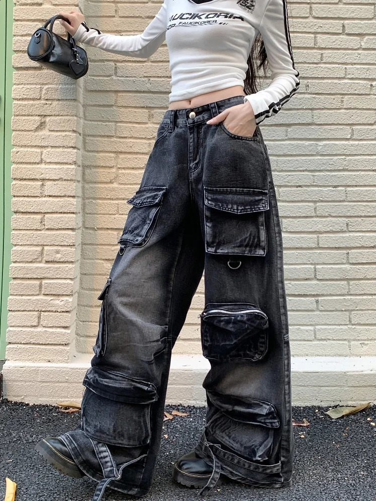 Garbage Y2K Street Laundry Black Luggage Cargo Jeans Womens Clothing Wide Leg Multi Pocket Gothic Womens Handcart 250225