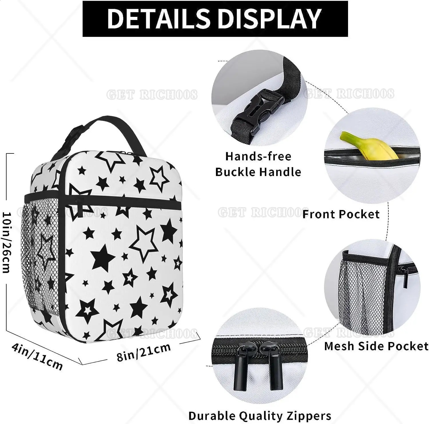 Black Stars In White Portable Lunch Bag Insulated Lunch Box Reusable Totes for Women Men Work Picnic Camping One Size 250228