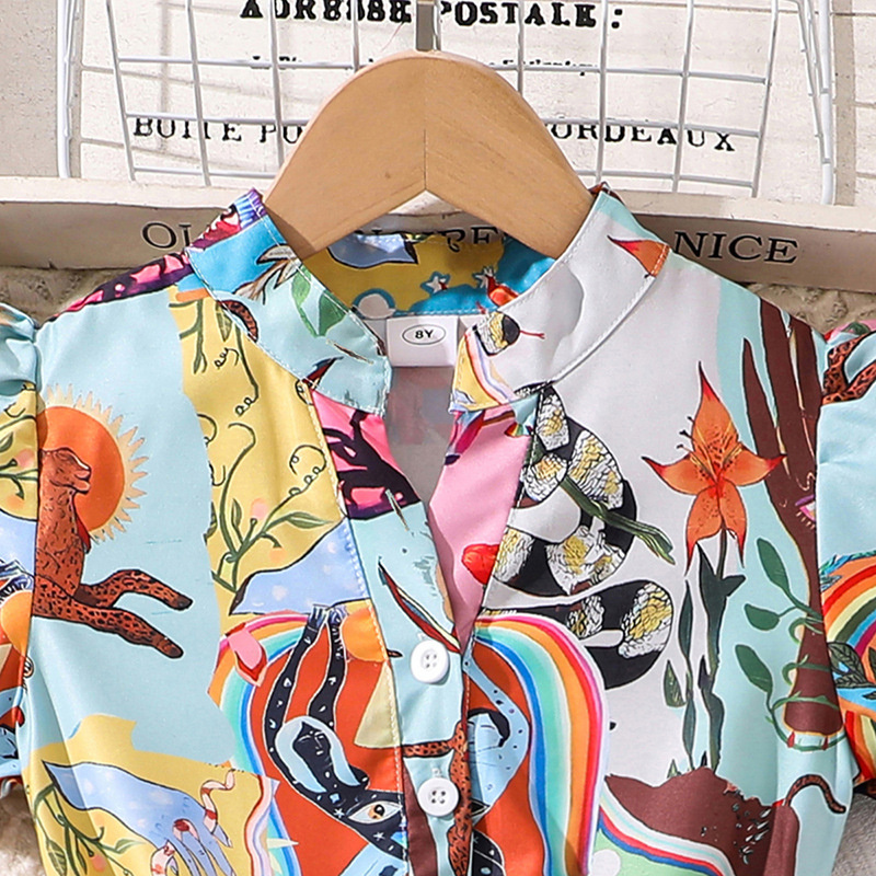 Graphic Dress For Tween Girls 8-12 Years Allover V-Neck Puff-Sleeve Shirt Dress Trendy Preteen Kids Summer Casual Clothes D256