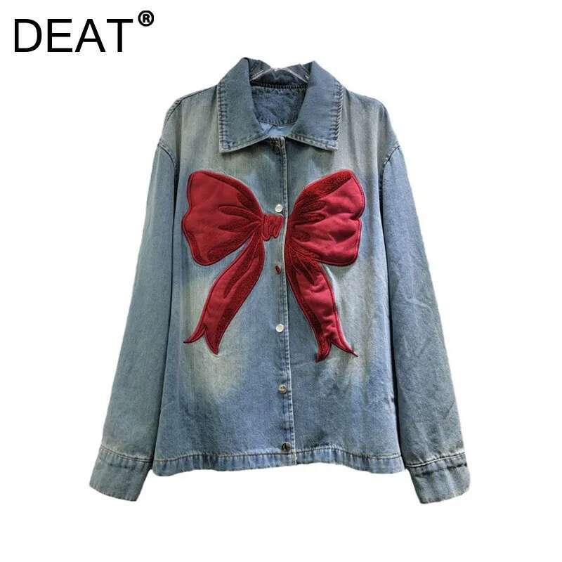 DEAT Women's Denim Coat Patchwork Red Bow Washed Blue Design Female Single Breasted Jackets 2025 Spring New Fashion 29L9359