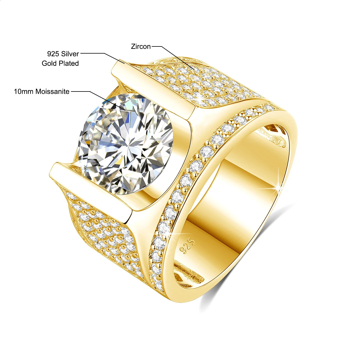 10mm 4ct Ring For Men Gold With Certificate Chunky Hip Hop Jewelry With Stone High Quality Wedding Gift For Male Sale 250227