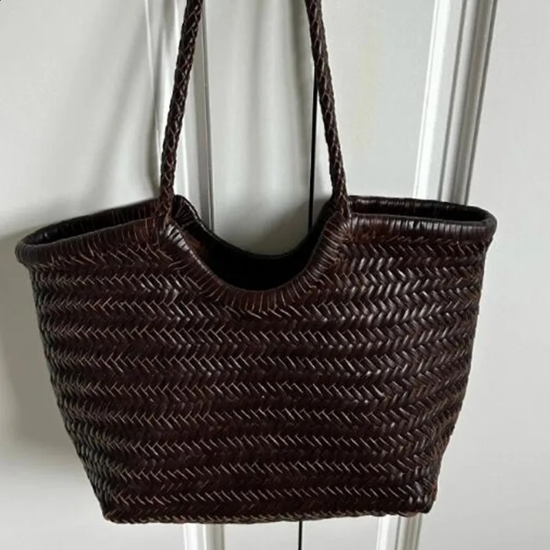 France Flower basket Handbags Womens Genuine Leather Shoulder Bag Weaving Casual Shopping Bag Vintage Big Tote Purse 250305