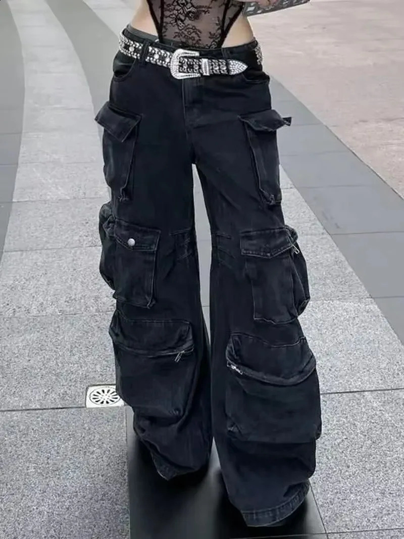 American washed multi pocket work jeans Y2K retro womens street black straight leg loose wide leg casual jeans 250224