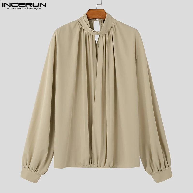 Casual Stand Collar Hollow Blouses INCERUN Men Long Sleeved Solid Color Shirts Fashion Loose Ruffled Edge Blouses 250224