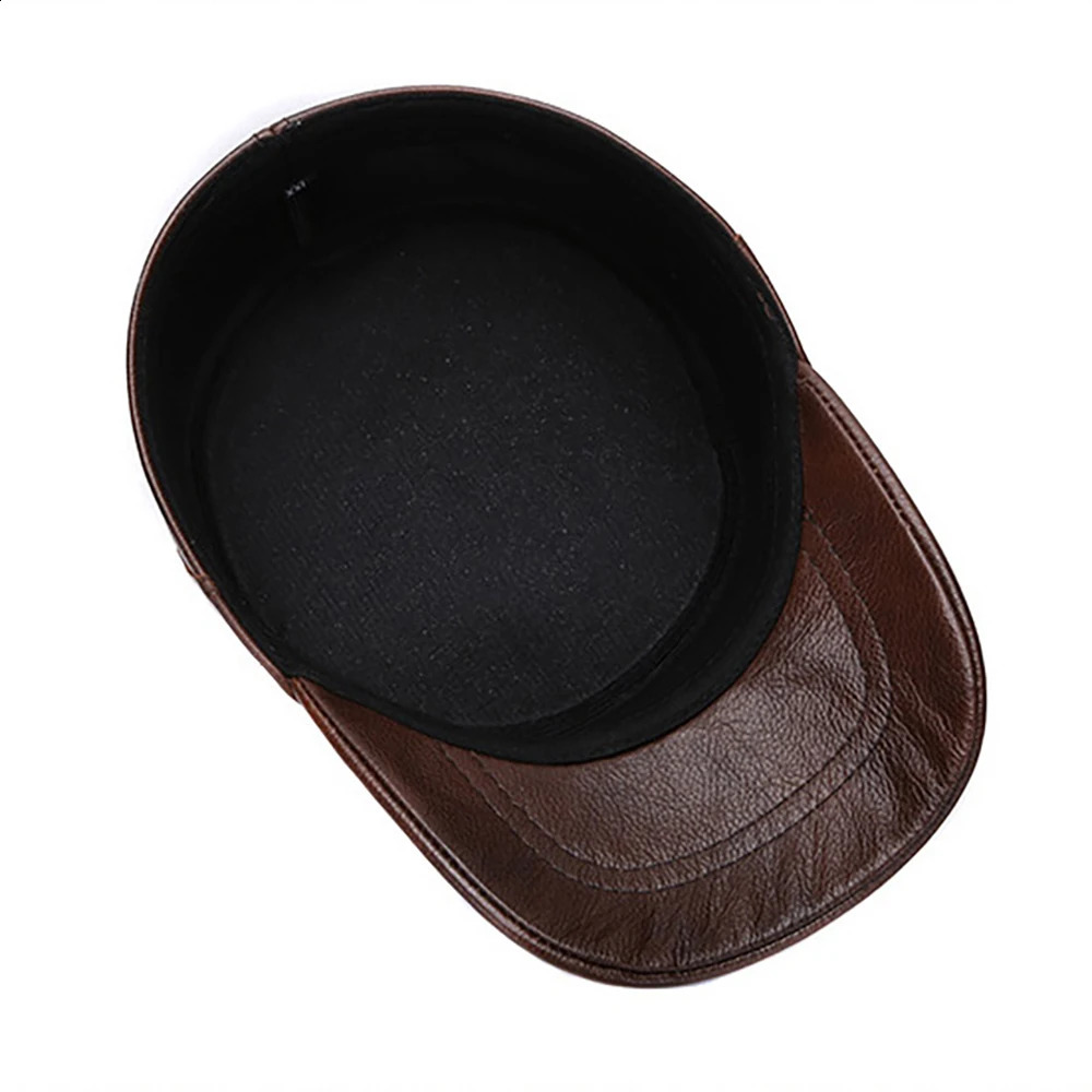 Cow Leather Flat Cap Earflap Cap Men Leather Hats Fall Winter men 100% Genuine Cowhide Leather Military Caps 250228