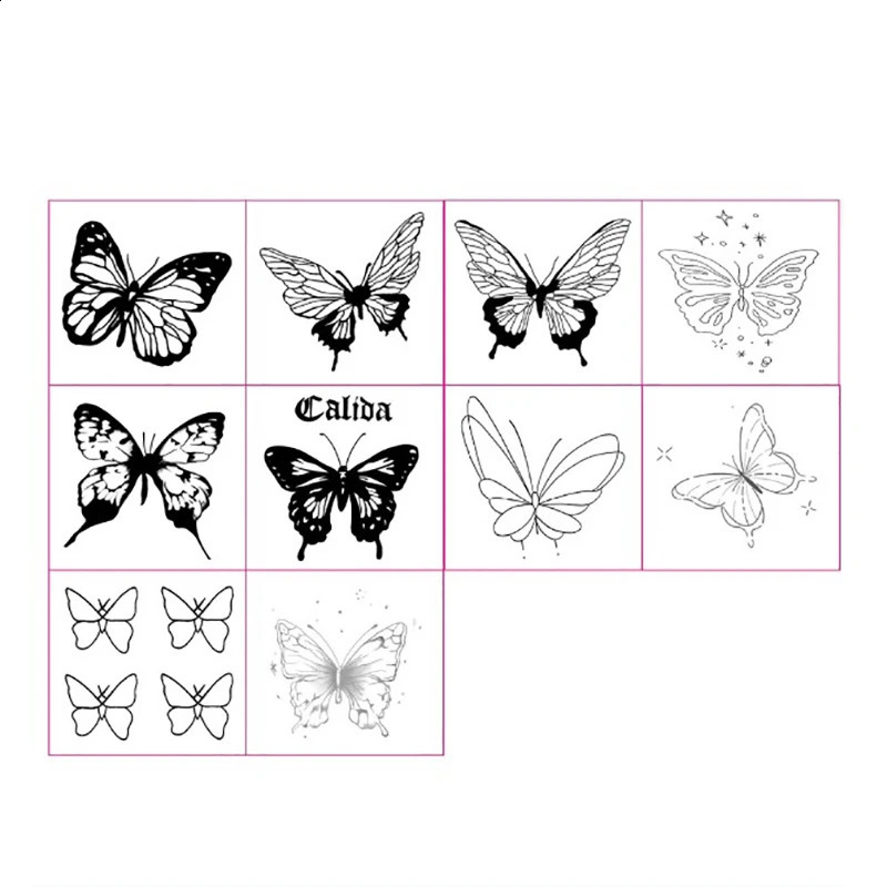 10PCS Butterfly Tattoo for Woman Black Flower Sketch Sticker Rose Blossom Temporary Waterproof 250219