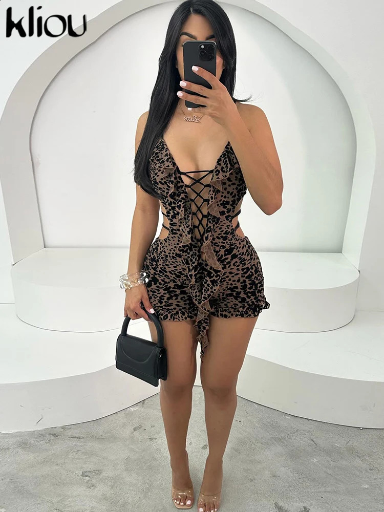 Ruffle Drawstring Women Playsuits Sexy Cleavage Hollow Low Neck Backless Skinny Rompers Female Trend Attirewear 250226