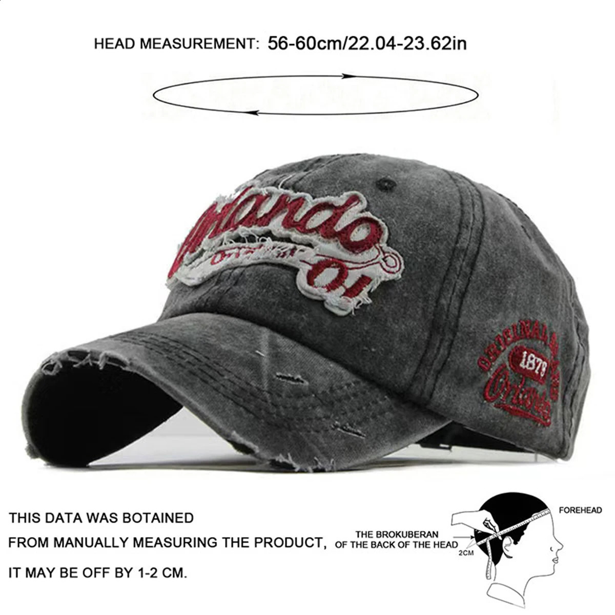 Unisex Orlando 01 letter embroidered washed baseball cap spring and autumn outdoor adjustable casual sun protection 250228