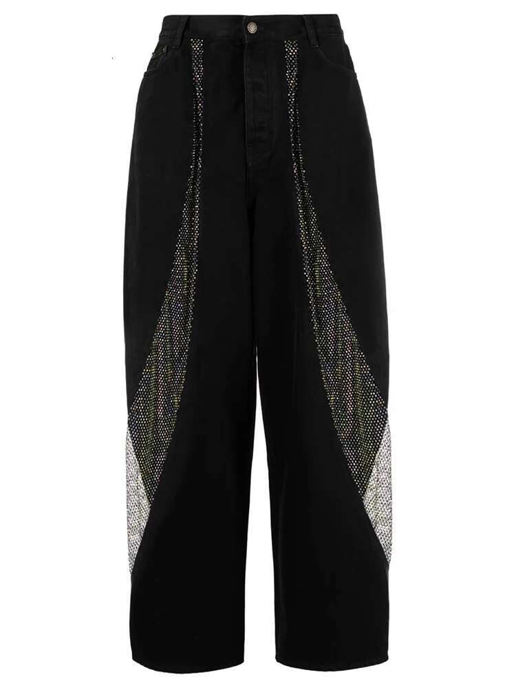 DEAT Fashion Women Jeans High Waist Hollow Out Perspective Grid Laser Nail Drill Pockets Wide Leg Pants Summer 2024 New 7Ab4277