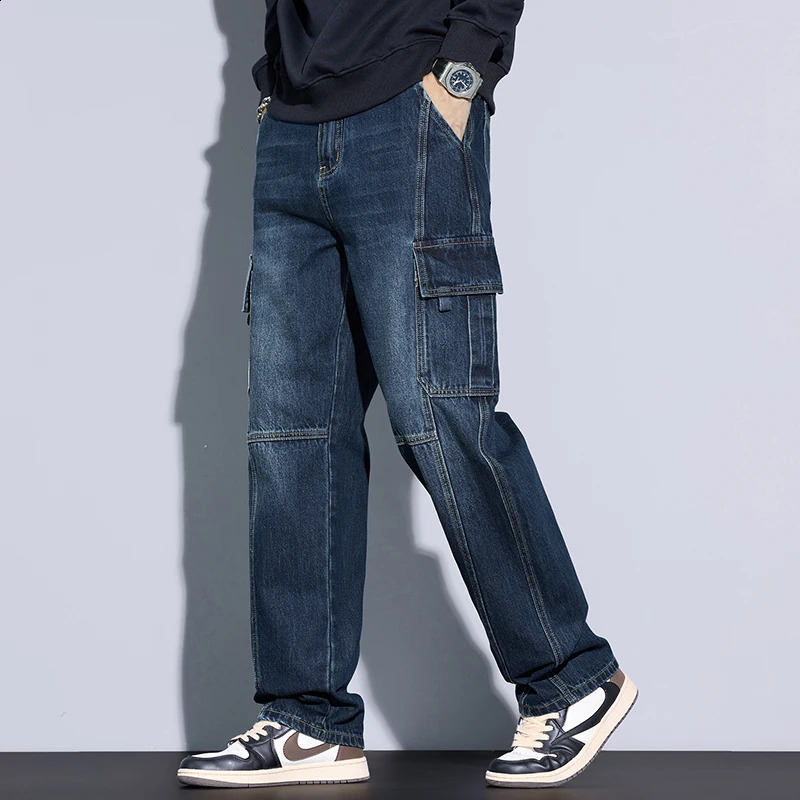 Mens 97% Cotton Straight Cargo Jeans Trendy Multi-pocket Nostalgic Loose Trousers Mens American Vintage Fashion Denim Pants 250226