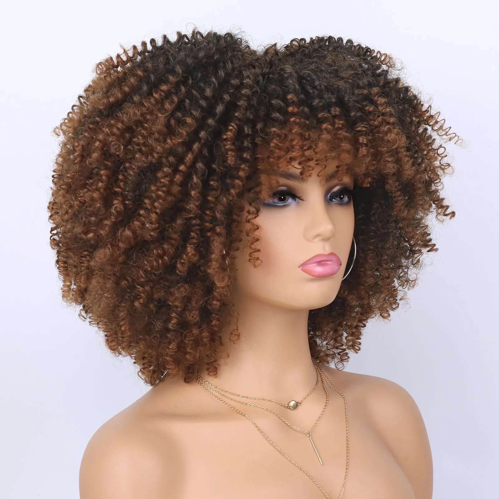 Synthetic Short Afro Kinky Curly Wig With Bangs For Black Women High Temperature Daily Party Headgear With Clips Cosplay